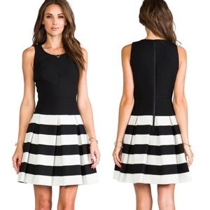 Milly Stretch Doubleweave Drop Waist Pleated Skirt Dress in Black/Ivory